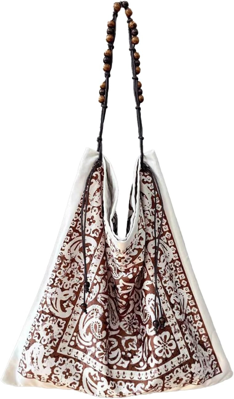 Bandana Bag Paisley Slouchy Tote with Wooden Beaded Strap Retro Vintage Large Hobo Shoulder Bag Boho Purse | Amazon (US)