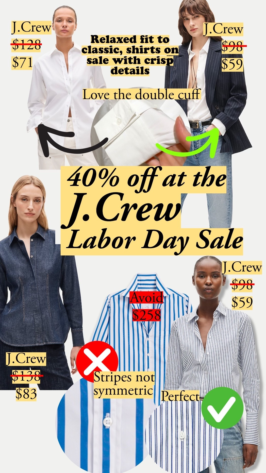 40% off J.Crew ends Sept 7. The Jules cut is more fitted. I wear a size 4, and I recommend sizing up if you're between sizes. J.Crew gets the details right, from collars and cuffs with presence to stripes that have better alignment than far more expensive styles. Love the cinched denim shirt – the cut gives a defined hourglass, and the denim fabric keeps the shape.

#LTKootd #LTKSaleAlert #LTKSeasonal