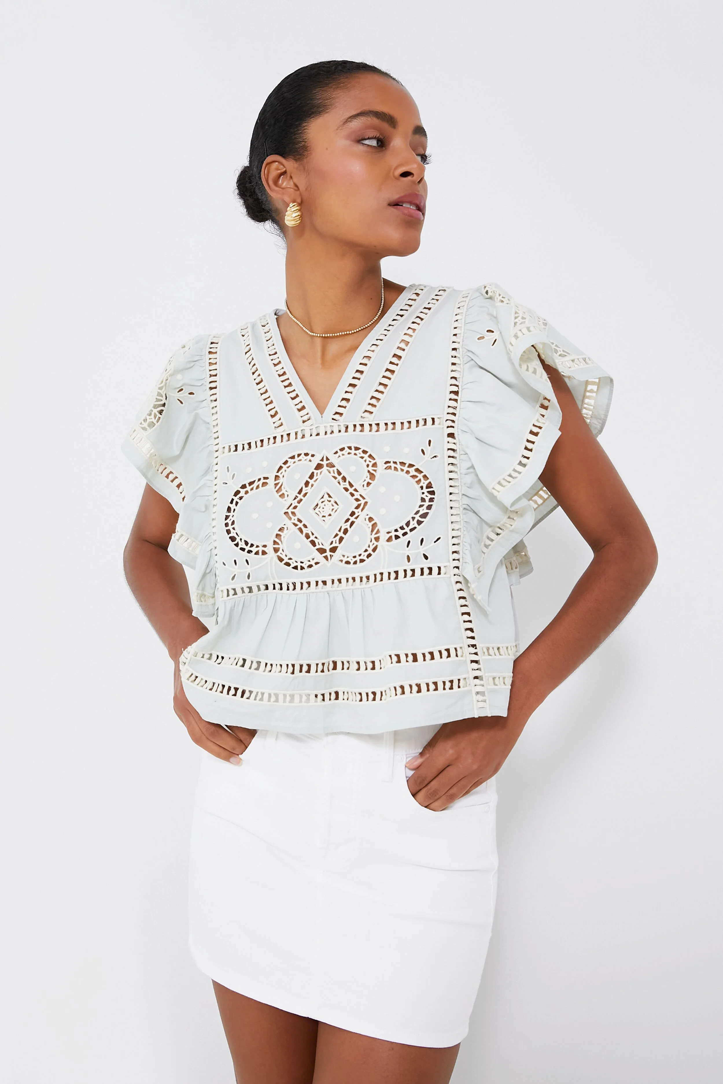 Blue Blaire Eyelet Flutter Sleeve Top | Tuckernuck (US)