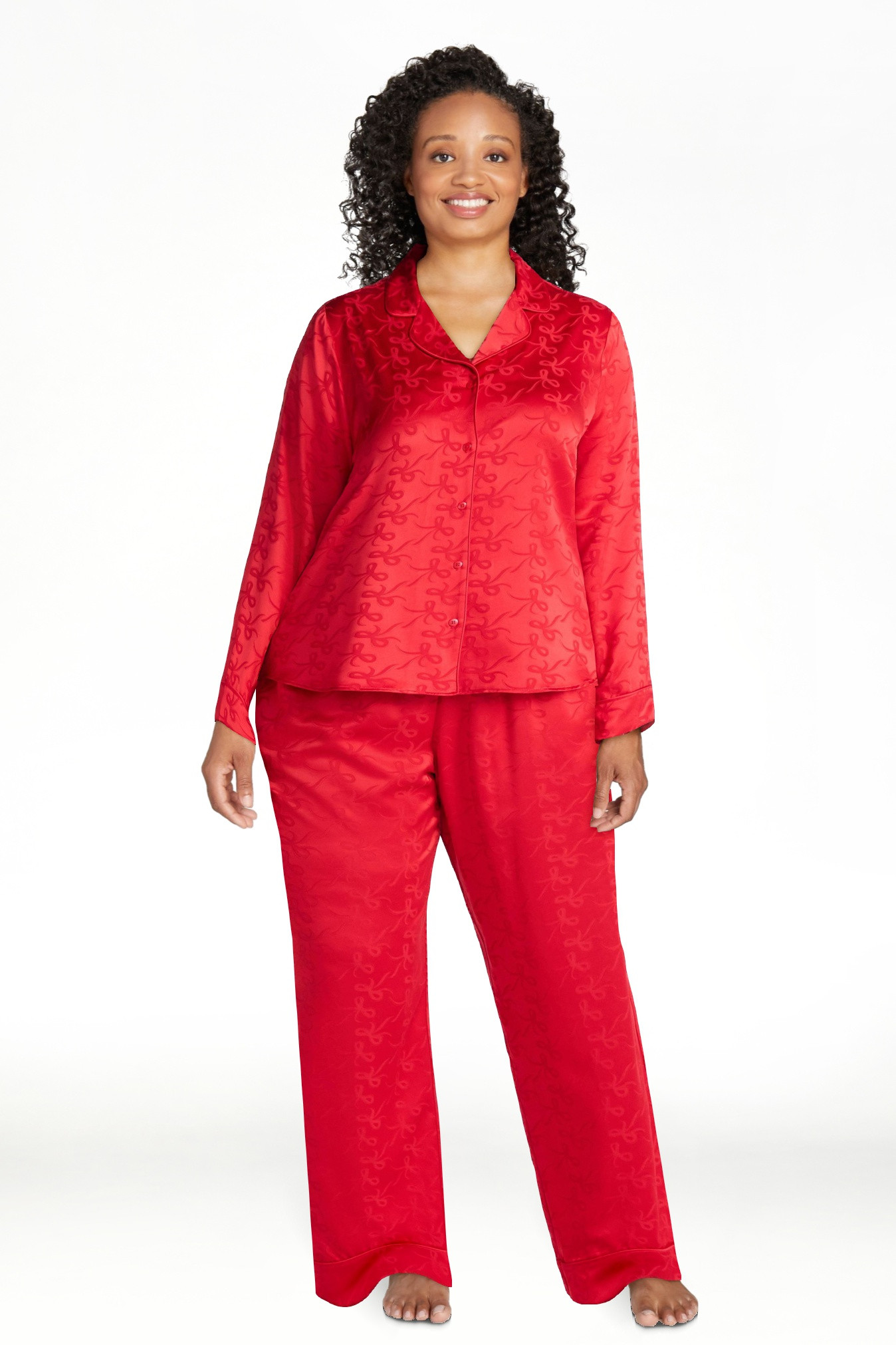 Joyspun Women’s Stretch Satin Notch Long Sleeve Top and Pants Pajama Set, 2-Piece, Sizes XS-3X ... | Walmart (US)