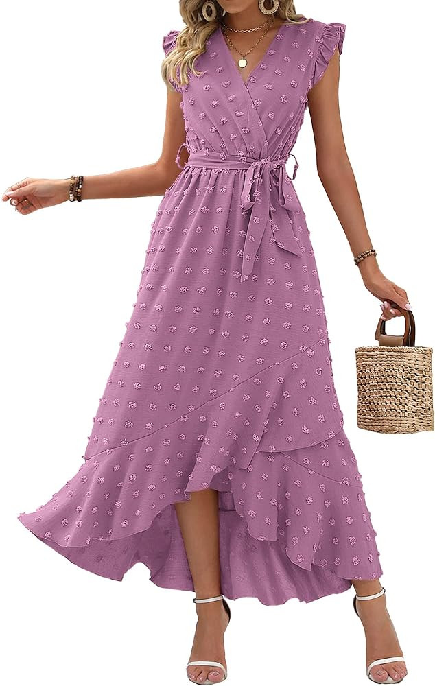 BTFBM Women's 2024 Summer Wrap V Neck Dress Ruffle Sleeve Swiss Dot Boho Ruffle Slit Beach Party ... | Amazon (US)