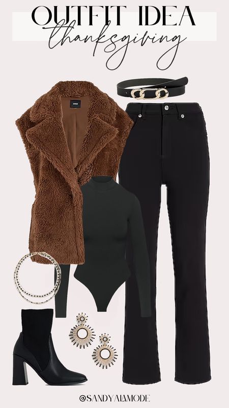 Thanksgiving outfit idea | fall outfit idea | holiday style | holiday outfit | Sherpa vest | black and brown outfit idea | express fall style | express holiday style | black boots | holiday statement earrings 

#LTKstyletip #LTKHoliday #LTKsalealert