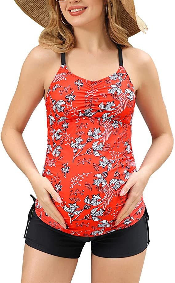 Maacie Maternity Athletic Tankini Swimsuits Two Piece Floral Print Ruched Tops with Shorts | Amazon (US)