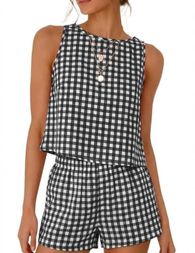 Kinghua Two Piece Sets for Women Summer Spring 2026 Beach Crop Gingham Tank Tops and Plaid Shorts Cotton Pajama Sets (Black, XL) | Amazon (US)