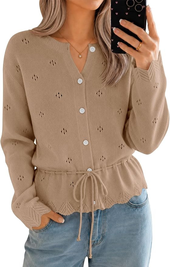 Saodimallsu Womens Crochet Cardigan Long Sleeve Button Down Drawstring Bow Tie Front Scalloped Kn... | Amazon (US)