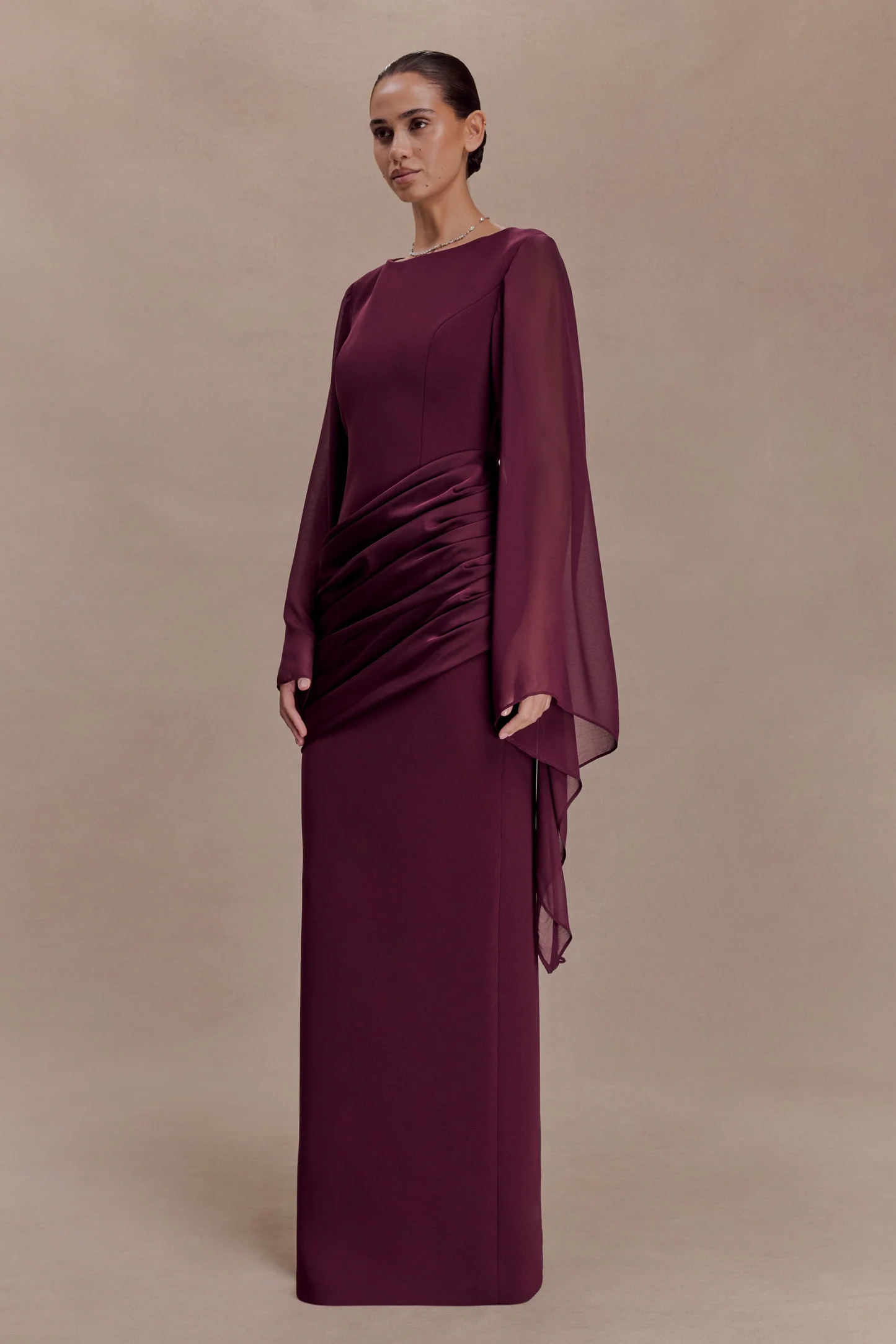 Samantha Waterfall Sleeves Maxi Dress - Wine | Meshki UK