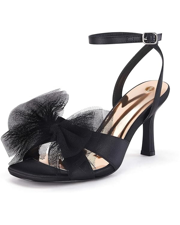 Coutgo Womens Lace Bow Heels Sandals Open Square Toe Stiletto High Heel Ankle Strap Bride Wedding... | Amazon (US)