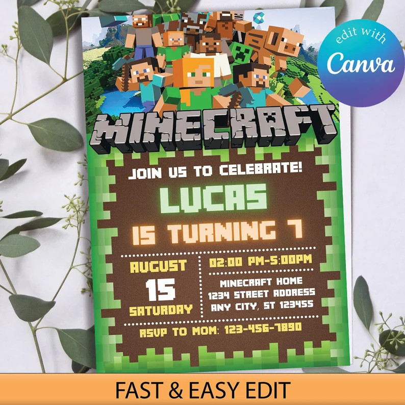 Minecraft Birthday Invitation, Gamer Birthday Invite, Minecrafter Birthday Invitation, Editable C... | Etsy (US)