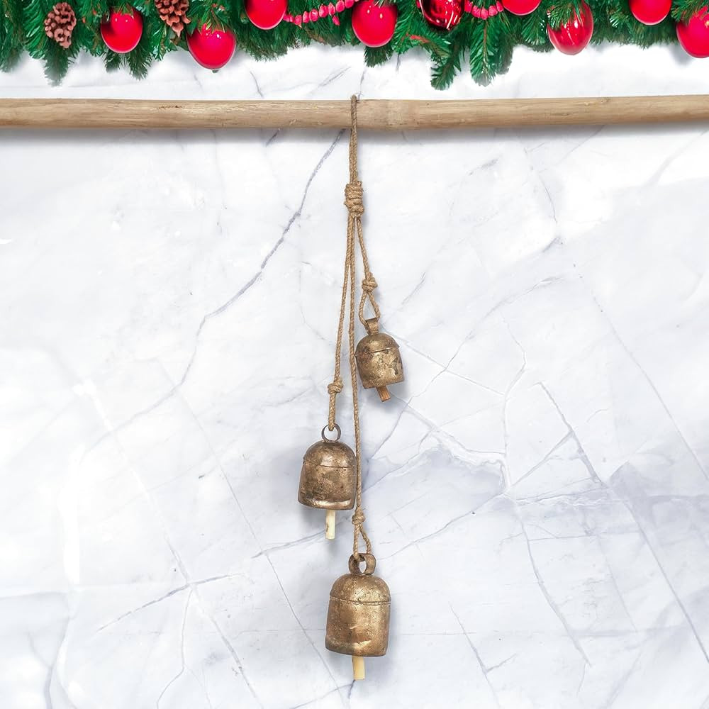 Handmade Iron Bell Hanging Chime Brass Finish Wall Rope 4 Bells Cluster Wall Hanging Décor Bells... | Amazon (US)