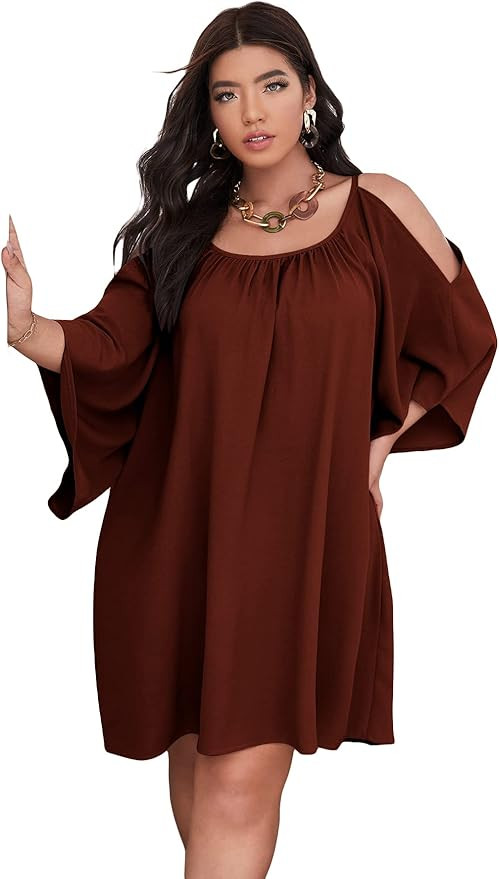 SOLY HUX Women Plus Size Casual Summer Dress Cold Shoulder 3/4 Sleeve Short Tshirt Dress | Amazon (US)