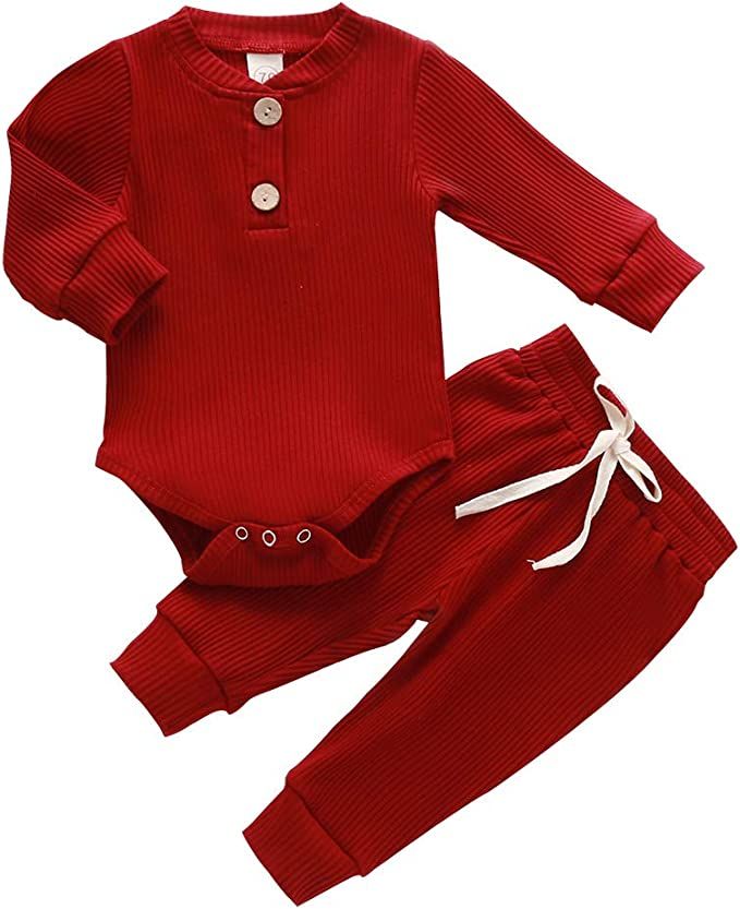 Newborn Baby Boy Girl Clothes Ribbed Knitted Cotton Long Sleeve Romper Long Pants Solid Color Fal... | Amazon (US)