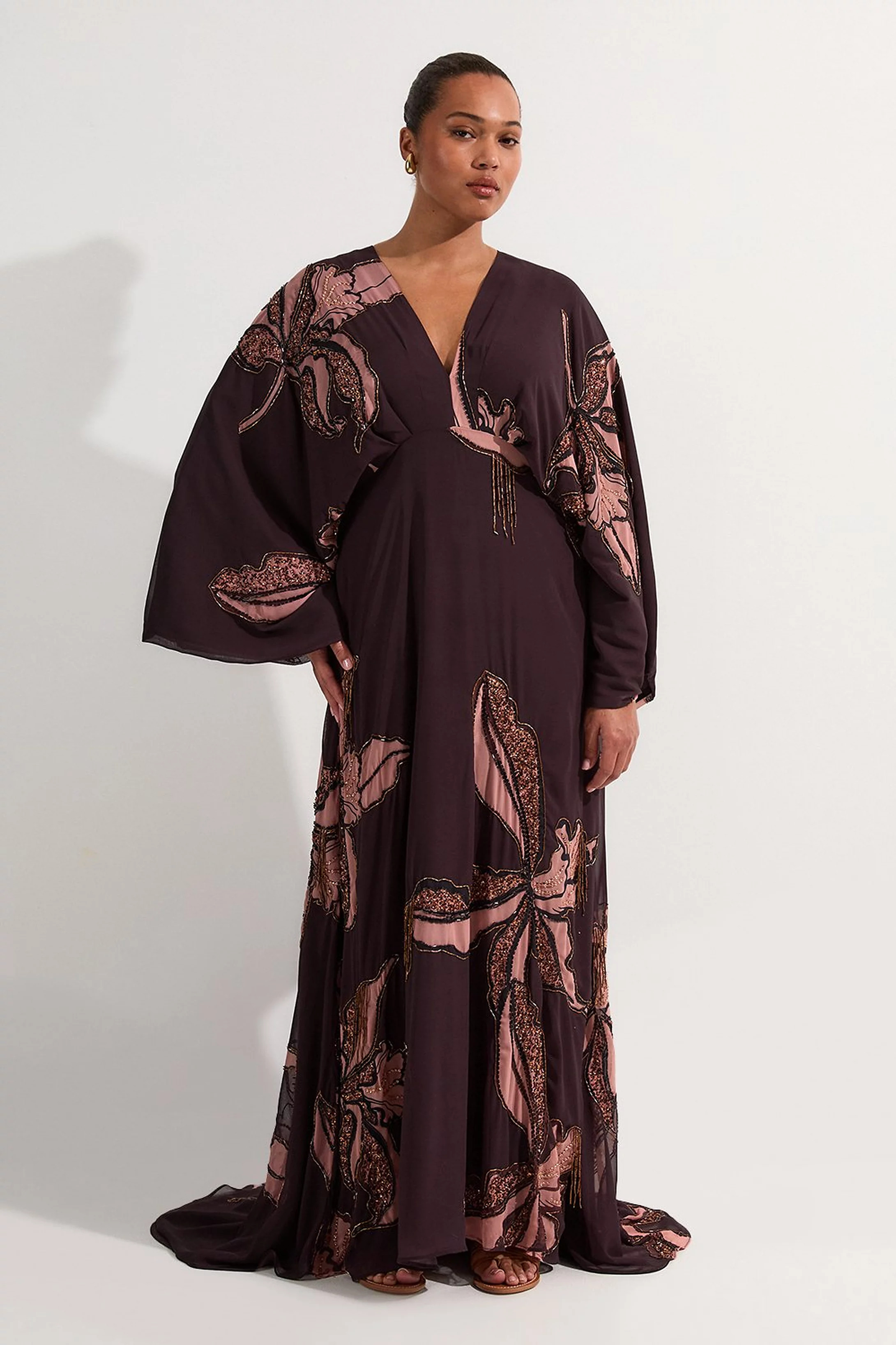 Plus Size Drama Kimono Sleeve Printed And Beaded Woven Maxi Dress | Karen Millen UK + IE + DE + NL