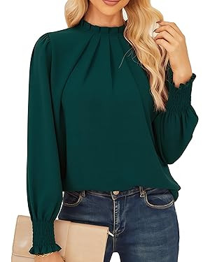 GRACE KARIN Women Long Sleeve Work Blouse,Dressy Business Casual Tops, Fall Pleated Mock Neck Shi... | Amazon (US)