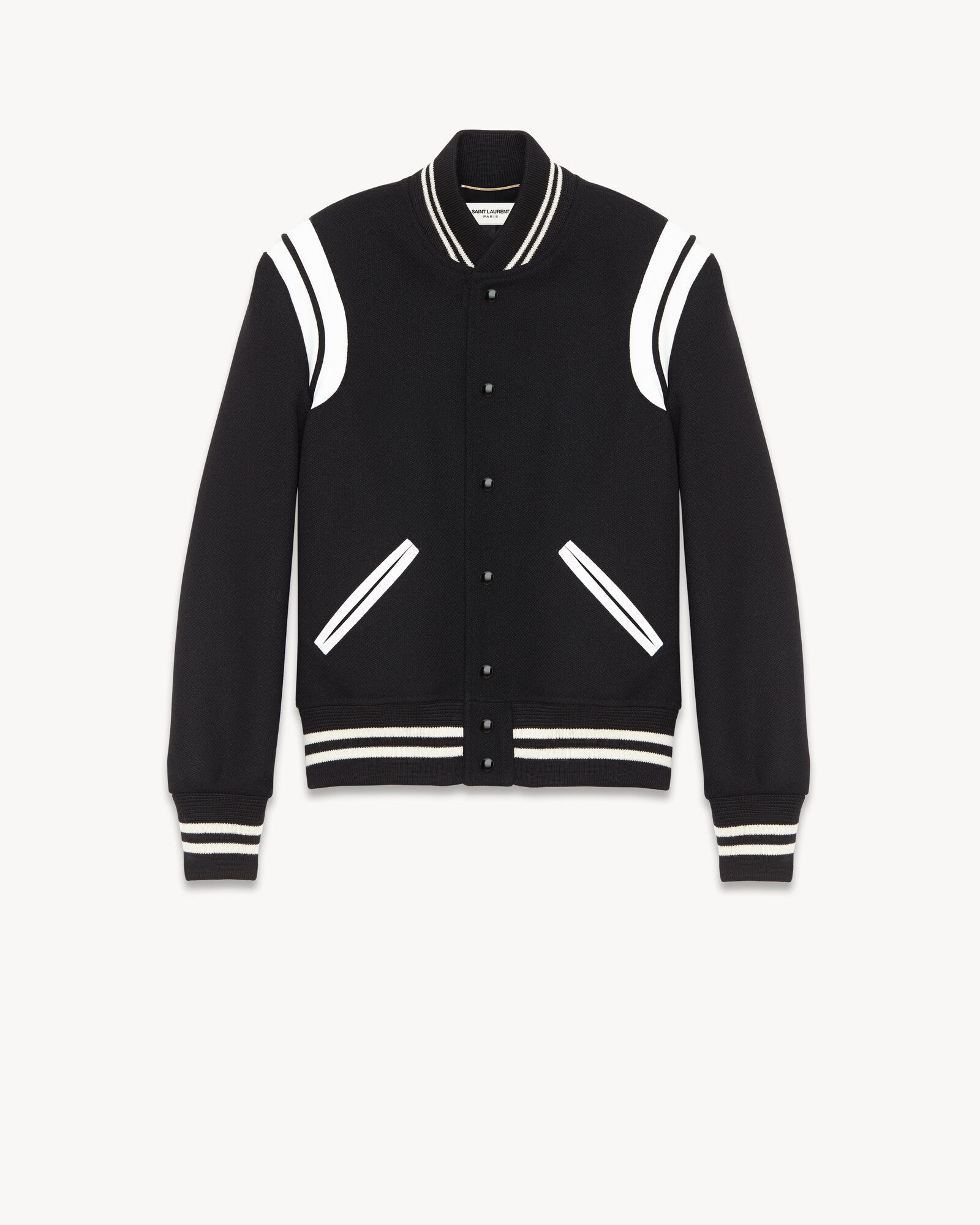 TEDDY JACKET MADE WITH RECYCLED WOOL WITH LEATHER TRIM AROUND SHOULDERS AND STRIPED RIBBED COLLAR... | Saint Laurent Inc. (Global)