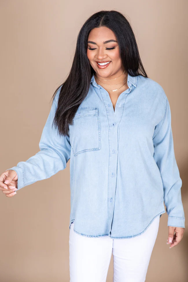 Tell Me Anything Chambray Light Wash Button Front Blouse | Pink Lily