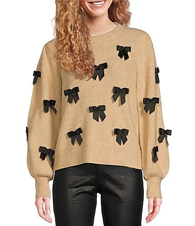 Lilly Pulitzer Zarie Fluffy Ribbed Knit Crew Neck Long Blouson Sleeve Bow Trim Sweater - XL | Dillard's