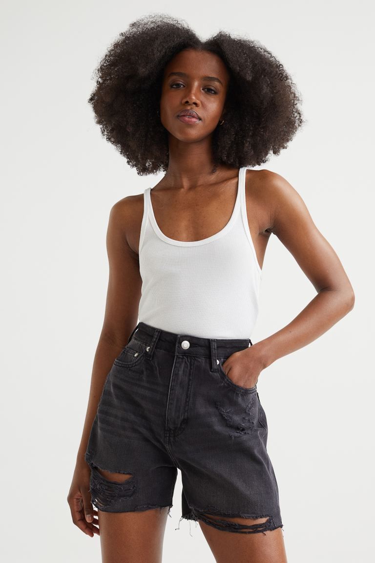 5-pocket shorts in thick cotton denim with heavily distressed details. Extra-high waist, supersof... | H&M (US + CA)