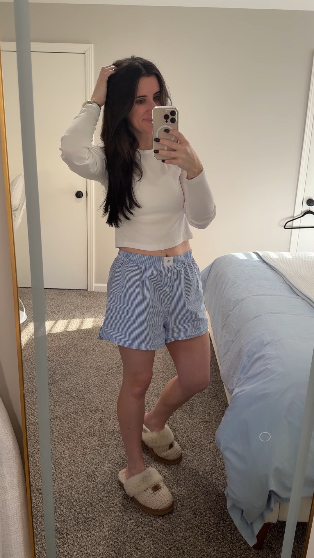 When it feels like spring in November, you pull out your favorite Aritzia boxers and a white tee and pretend it actually is spring! 🩵🤍

Loungewear | Comfy Clothes | Blue and White | Favorite PJs 

#LTKStyleTip #LTKmorningroutine #LTKootd