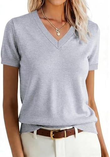 ANRABESS Women Wool Blend Sweater Summer 2026 Short Sleeve V Neck Pullover Top Business Casual Ou... | Amazon (US)