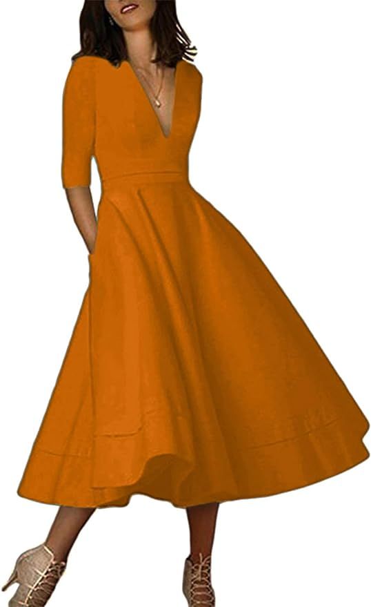 OMZIN Womens Half Sleeve Cocktail Vintage Dress Deep V Neck High Waist Dress with Pockets S-3XL | Amazon (US)
