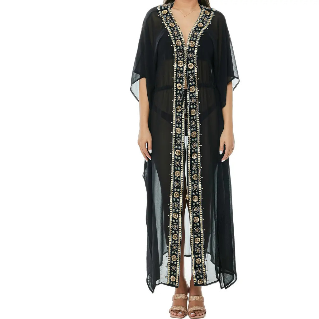 RANEES Embellished Mesh Woven Kaftan Coverup in Black at Nordstrom Rack | Nordstrom Rack