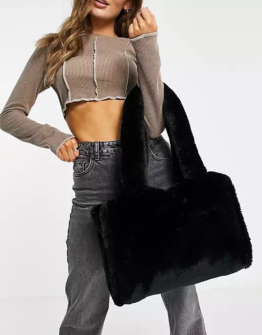 ASOS DESIGN faux fur tote bag in black | ASOS (Global)