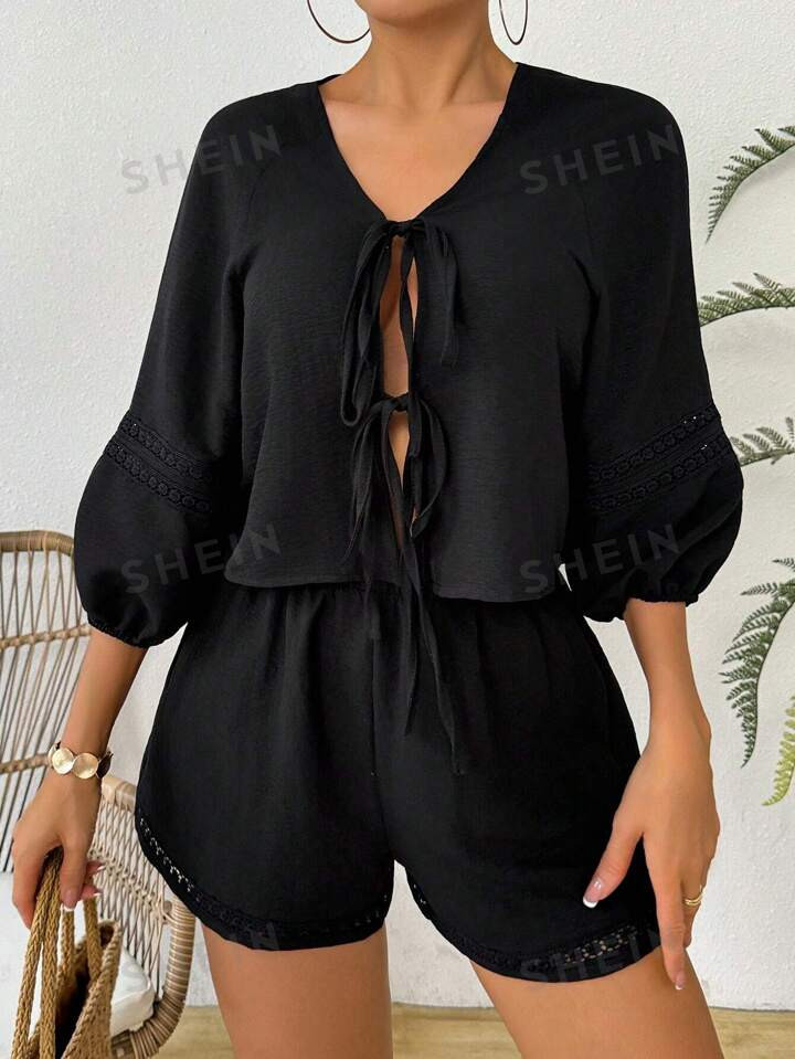 SHEIN VCAY Holiday Casual Lantern Sleeve Lace Splice Tie-Up Shirt And Shorts Set | SHEIN USA | SHEIN