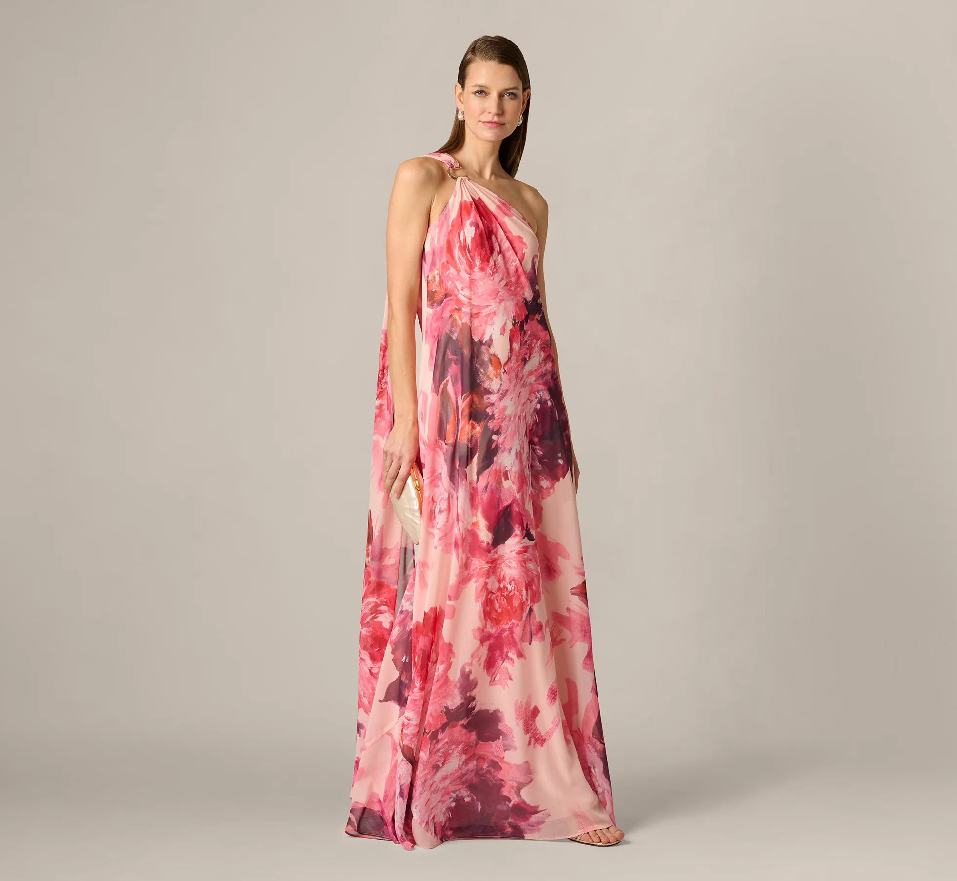 One Shoulder Peony Floral Chiffon Scarf Gown In Pink Multi | Adrianna Papell