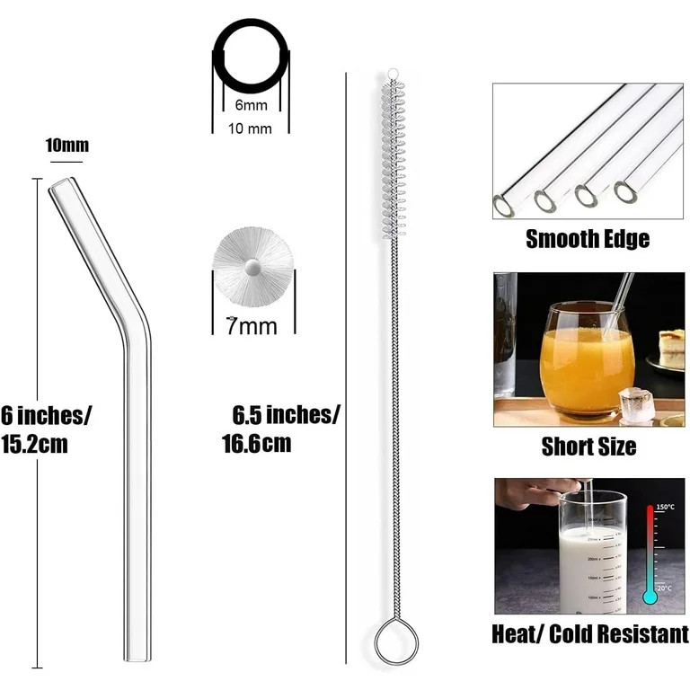 Short Glass Straws, 6 in x 10 mm Clear Straws for Cocktails, Whiskey, Coffee, Pack of 8 with Clea... | Walmart (US)