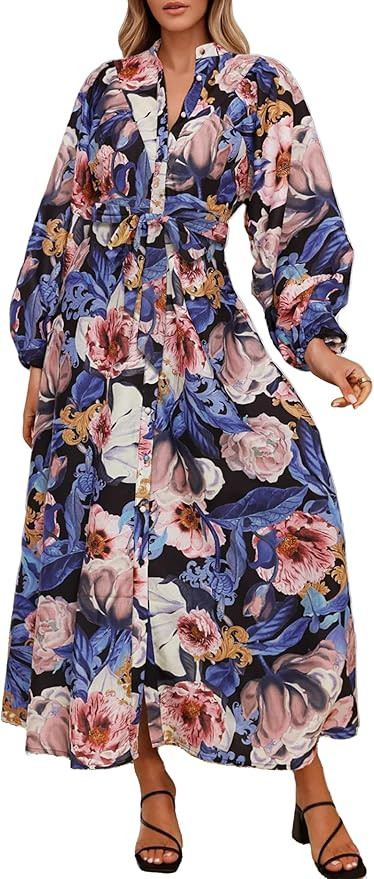 Lazysmile Maxi Dresses for Women 2025 Casual Long Sleeve Button Down Belted Boho Floral Shirt Dre... | Amazon (US)