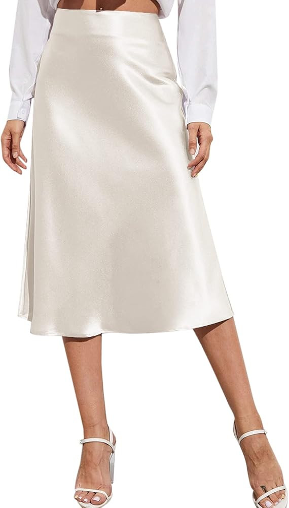 Womens Midi Skirt High Waisted Solid Satin Dress Zipper Elegant Work Skirts | Amazon (US)