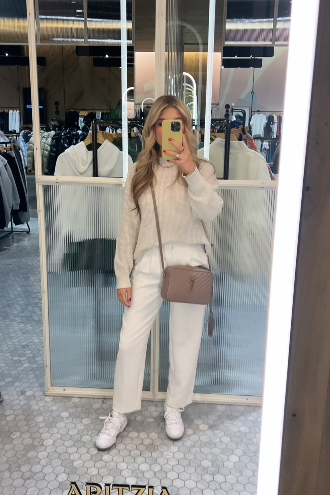 Wearing Aritzia Wilfred Free Hillside Sweater in Heather Birch and Wilfred Carrot Pant in Light Birch🤍  

#LTKstyletip #LTKbeauty #LTKSeasonal