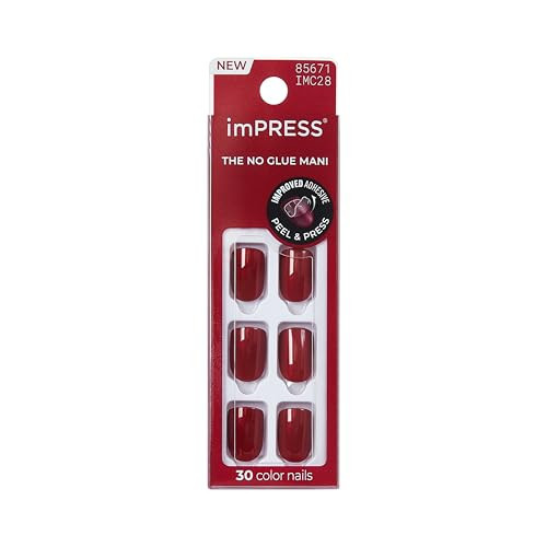 Kiss Impress No Glue Mani Press On Nails, Color, 'Red Velvet', Red, Short Size, Squoval Shape, Includes 30 Nails, Prep Pad, Instructions Sheet, 1 Manicure Stick, 1 Mini File | Amazon (US)