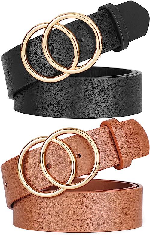 Women Leather Double O-Ring Belt Fashion Golden Designer Buckle Belt for Jeans Pants Dresses by W... | Amazon (US)