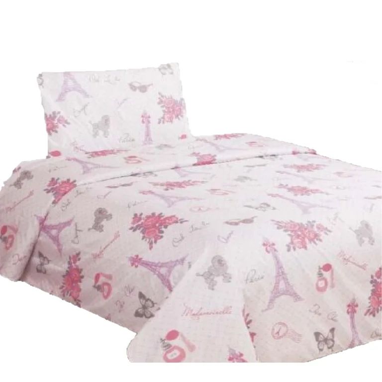 TWIN sheet set for kid's boys girls bedding printed design paris #2 pink multi-color easy wash li... | Walmart (US)