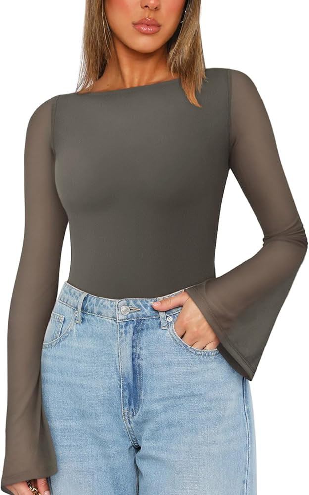 REORIA Women's Trendy Sexy Boat Neck Bell Sleeve Sheer Mesh Going Out Bodysuit Tops | Amazon (US)