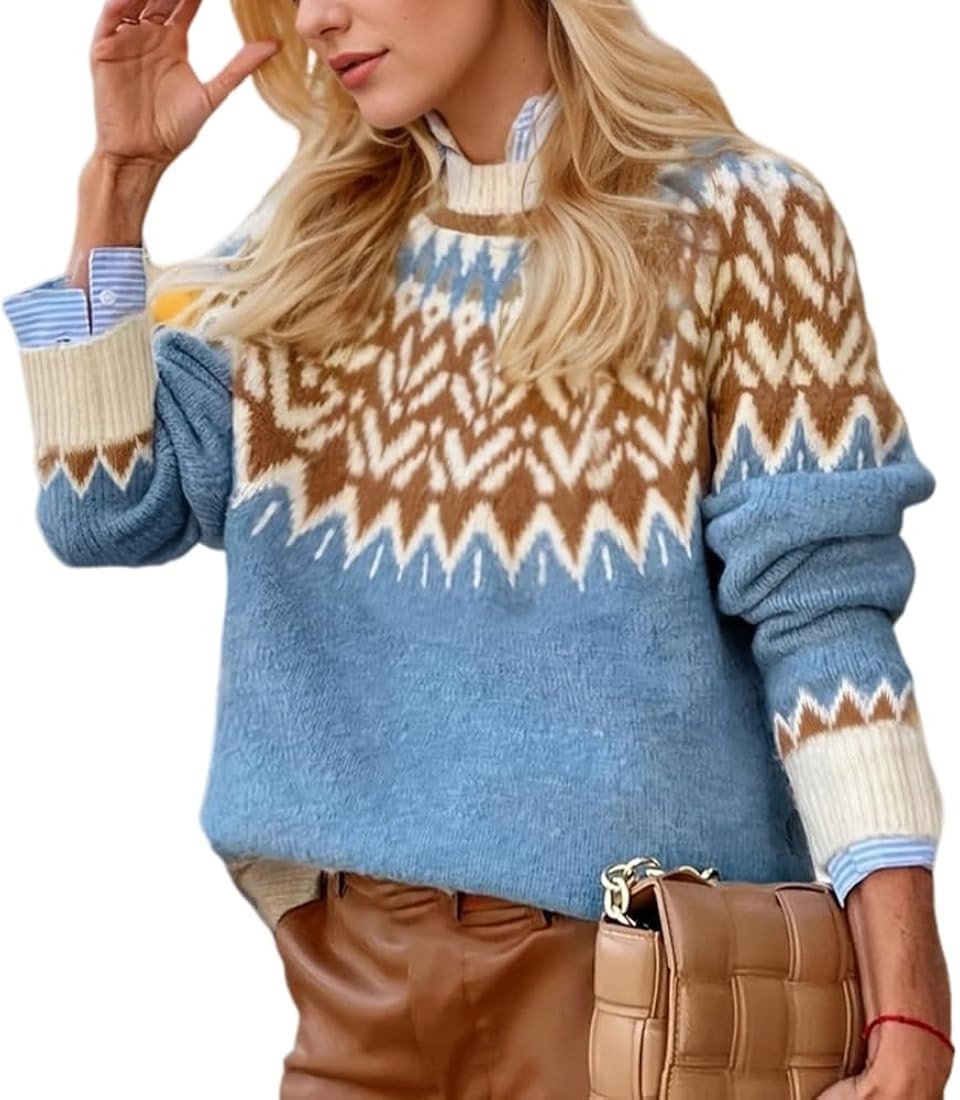 Womens Fall Vintage Fair Isle Sweater Casual Loose Long Sleeve Crewneck Knitted Pullover Sweater ... | Amazon (US)
