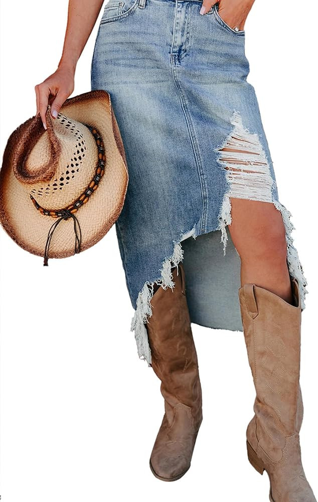 Jean Skirts for Women Asymmetrical Hem Frayed Distressed Denim Skirt Western Cowboy Button High W... | Amazon (US)