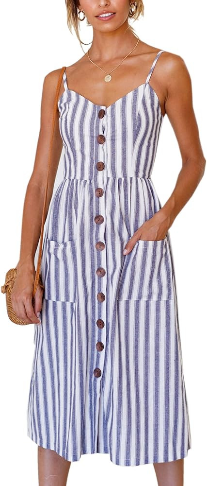 Angashion Women's Dresses-Summer Floral Bohemian Spaghetti Strap Button Down Swing Midi Dress | Amazon (US)