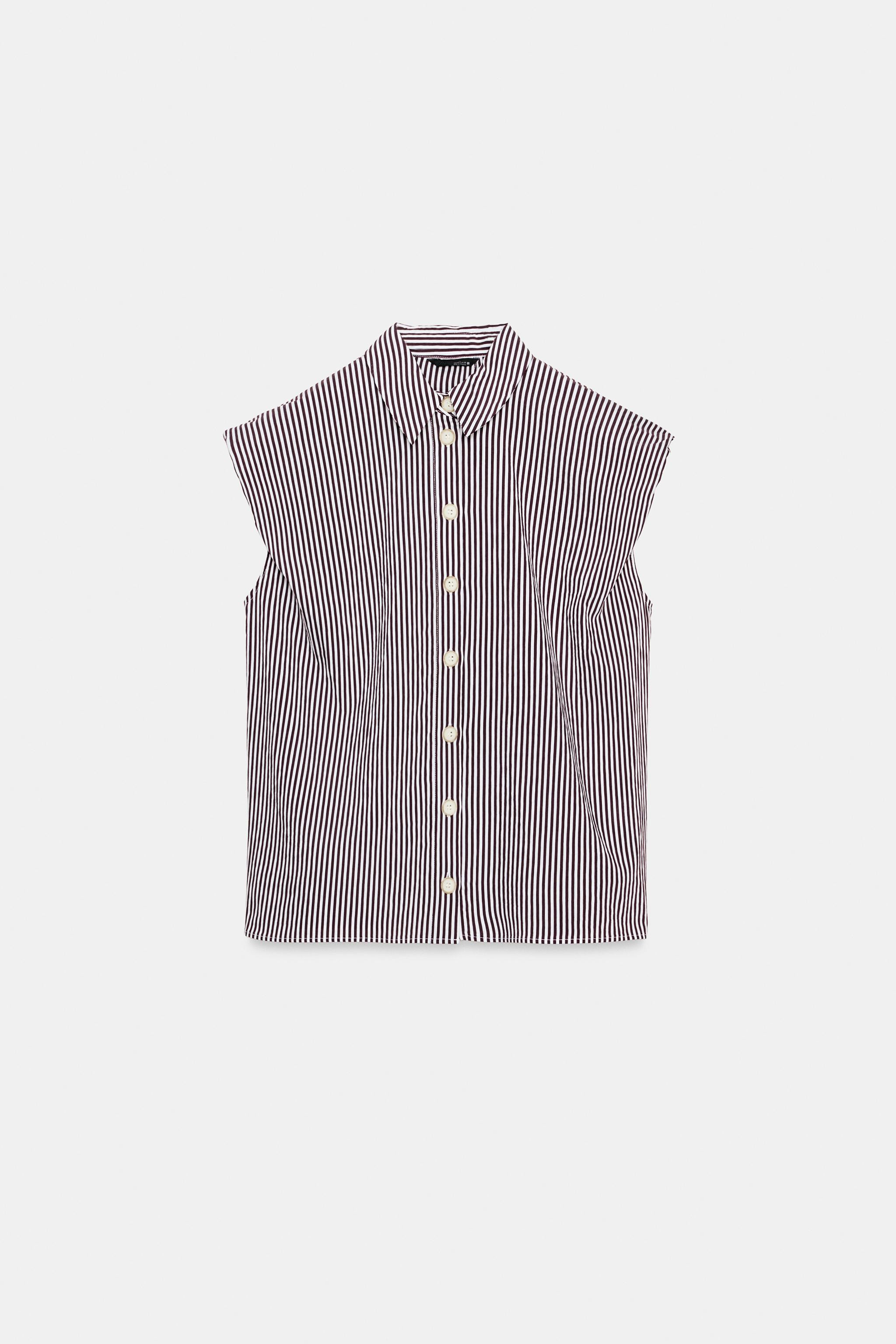Model height: 170 cmCollared sleeveless shirt featuring puff shoulders, a stripe print and a butt... | Zara DE