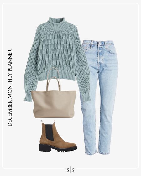 Monthly outfit planner: DECEMBER: Winter looks | knit sweater, cami, skinny Jean, lug boot, tote 

See the entire calendar on thesarahstories.com ✨ 

#LTKstyletip