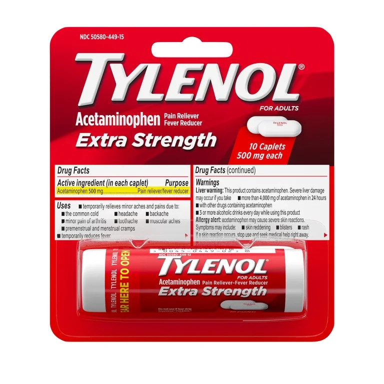 Tylenol Extra Strength 500mg Acetaminophen Caplets, Travel Size, 10 Count | Walmart (US)