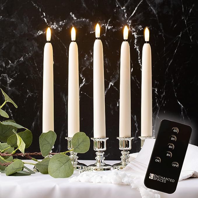 Enchanted Spaces Set of 5 Ivory 8" Flameless LED Taper Candles with Timer Remote | Amazon (US)