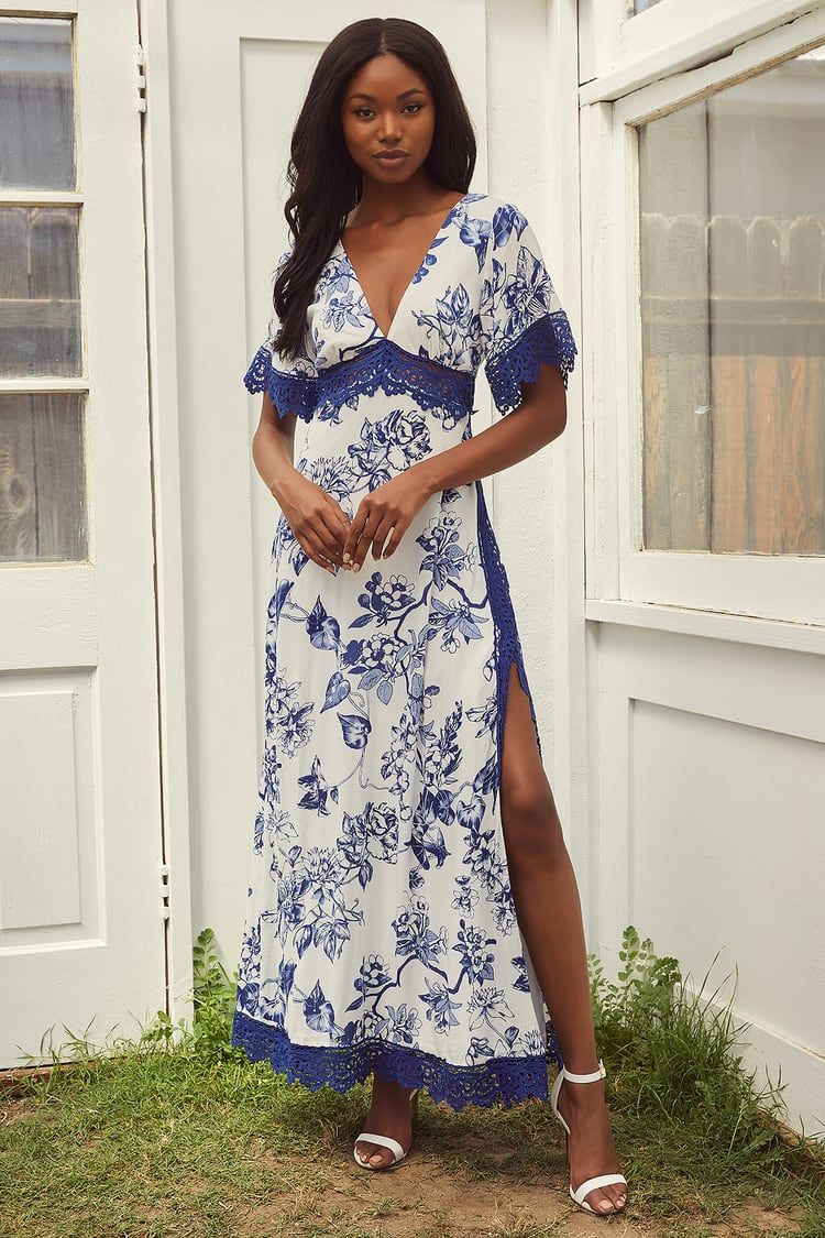 Sweeten the Occasion Blue Floral Lace Short Sleeve Maxi Dress | Lulus (US)
