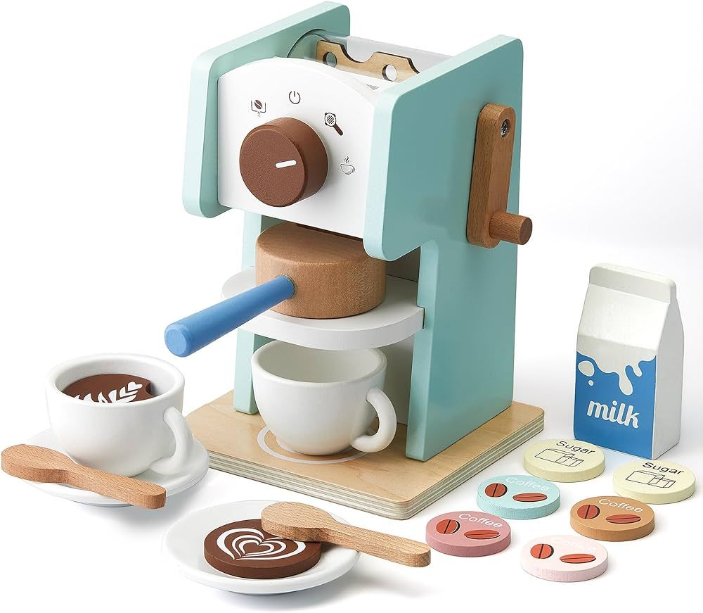 Kids Coffee Maker Toy with Grinder,15 Pcs Wooden Coffee Maker Playset, Wooden Toys Toddler Play K... | Amazon (US)