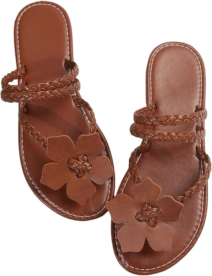 GORGLITTER Women's Flower Strappy Flat Sandals Braided Toe Ring Flip Flops Dressy Open Toe Summer... | Amazon (US)