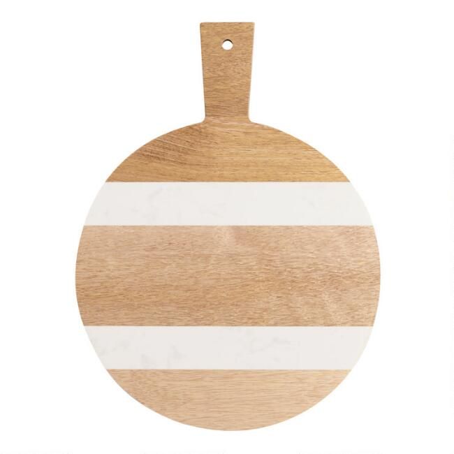 Small Round Wood and White Marble Paddle Cutting Board | World Market