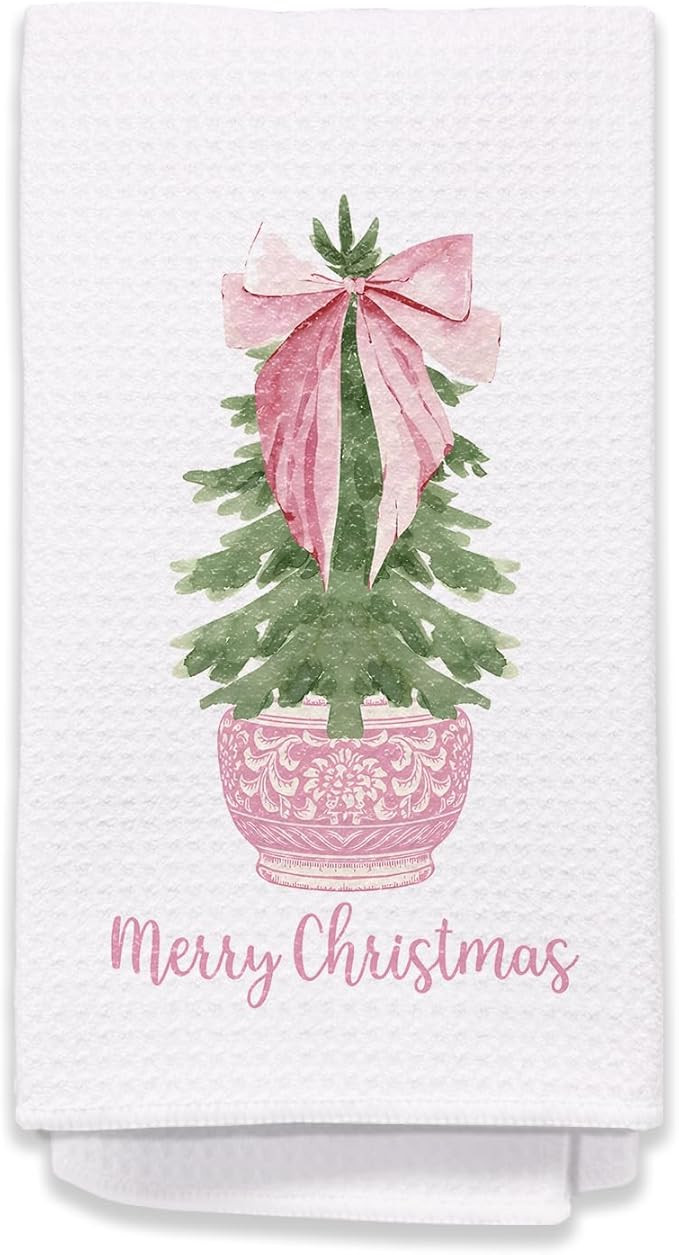 Chinoiserie Christmas Kitchen Towels, Coquette Pink Bow Procelain Christmas Tree Hand Towels for ... | Amazon (US)