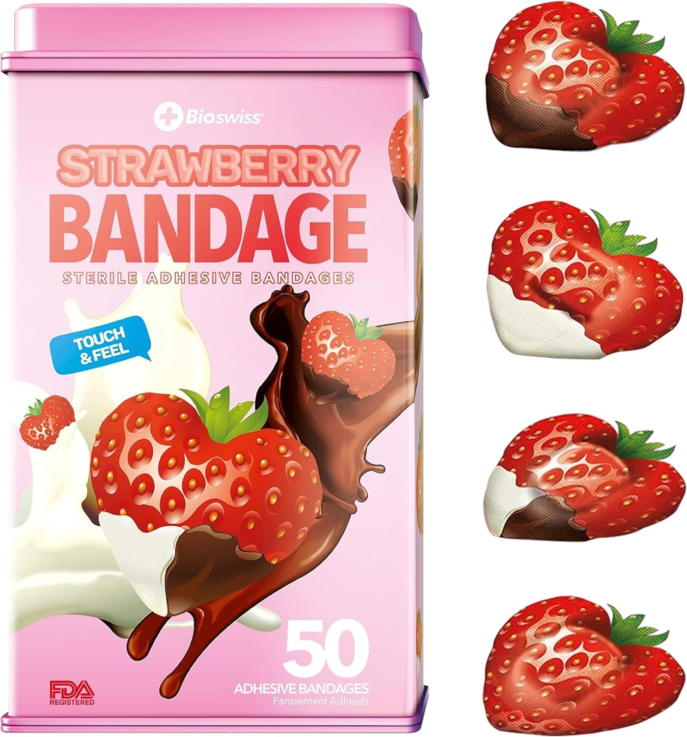 Bioswiss Bandages, Strawberry Shaped Latex Free Bandage for Kids and Adults, First Aid Tin, 50pcs | Amazon (US)