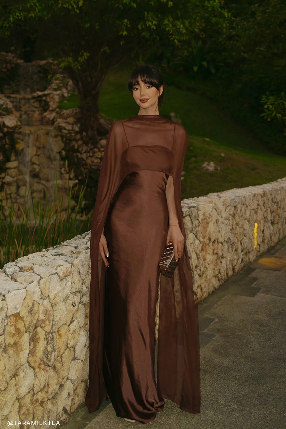 Martinne Chiffon Cape Maxi Dress - Mocha | MESHKI US